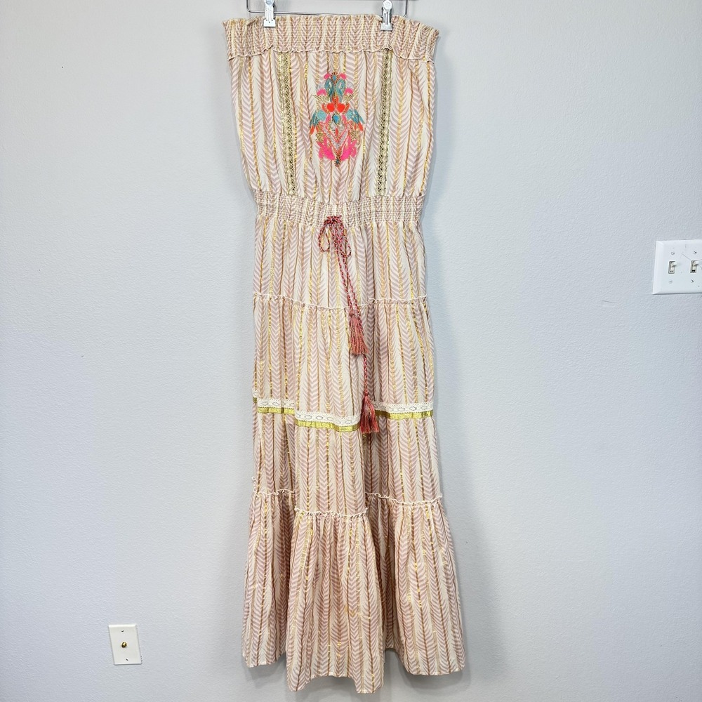 Venus Dress Women's Medium Beige Strapless Embroidered Boho Tiered Maxi Sundress